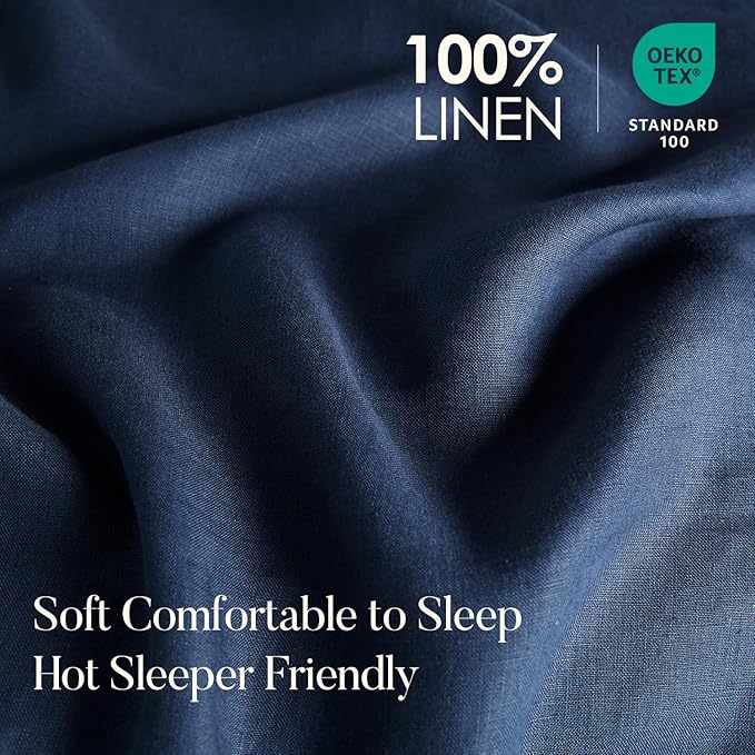DAPU 100% Linen Duvet Cover Set - Pure Natural French Flax Linen with Corner Ties and Zipper Closure Soft Breathable Durable for Hot Sleepers 1 Duvet Cover 2 Pillowcases (Navy Blue, King)
