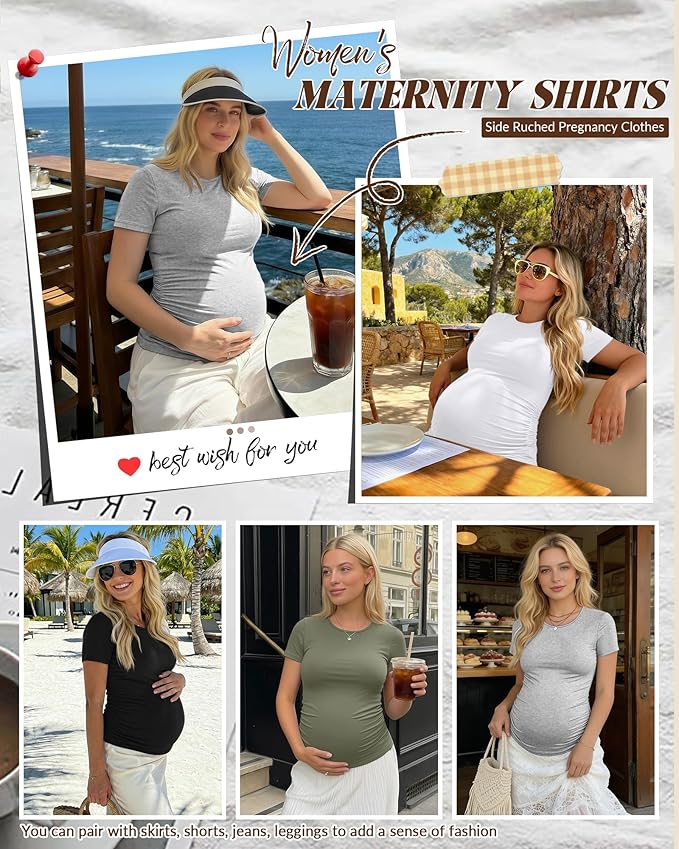 Huukeay 4 Pack Women's Maternity Shirts, Crew Neck Maternity Top Short Sleeve Casual Cotton Tee Side Ruched Pregnancy Clothes