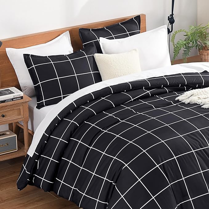 Andency Black Grid Comforter Set King(104x90Inch), 3 Pieces (1 Plaid Comforter and 2 Pillowcases) Black Plaid Comforter Set, Lightweight Microfiber Gingham Geometric Comforter Bedding Set