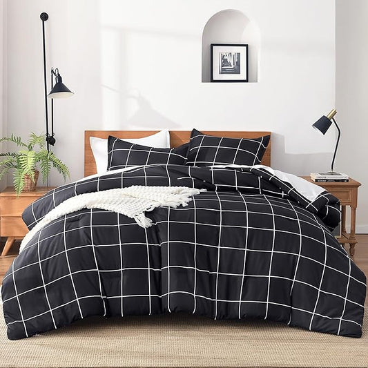 Andency Black Grid Comforter Set Queen(90x90Inch), 3 Pieces (1 Plaid Comforter and 2 Pillowcases) Black Plaid Comforter Set, Lightweight Microfiber Gingham Geometric Comforter Bedding Set