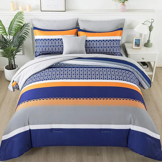 8 Pieces Bed in a Bag Stripe Comforter Set King Size,Blue Patchwork Striped Comforter with Sheets Set Soft Microfiber Boho Bedding Sets (Blue,Grey)