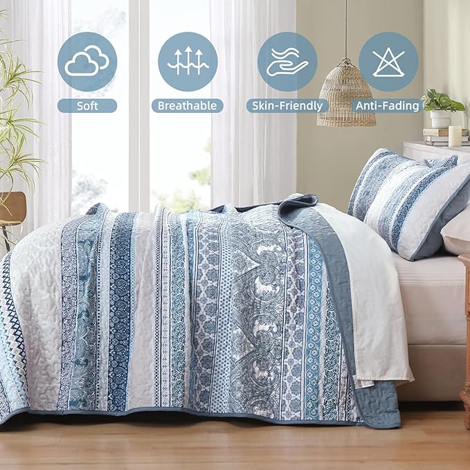 WONGS BEDDING Boho Quilt Set Super King Size, Blue Bohemian 3 Pieces Quilt Sets, Lightweight Bedspread Coverlet Bedding Set for All Season (120"x114")