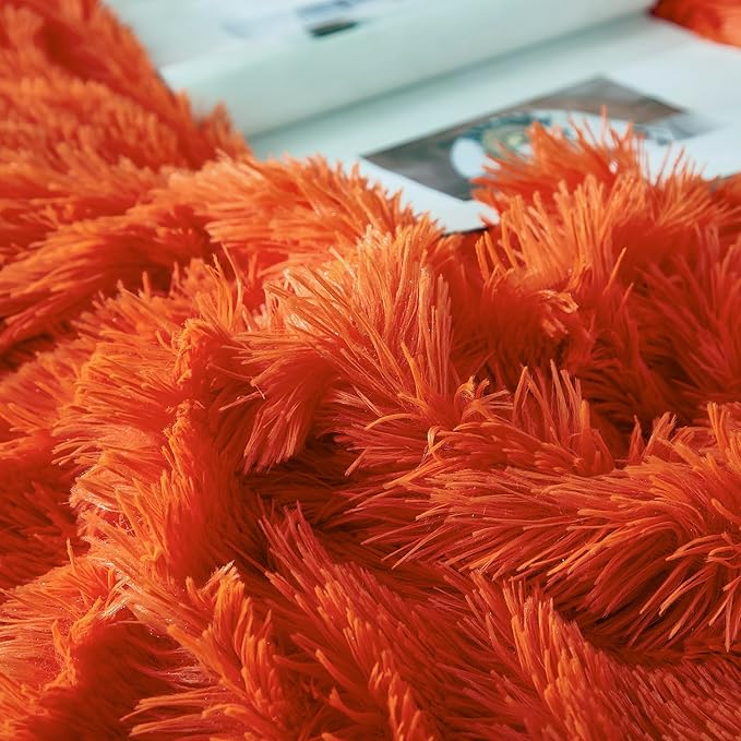 Uhamho Faux Fur Velvet Fluffy Bedding Duvet Cover Set Down Comforter Quilt Cover with Pillow Shams, Ultra Soft Warm and Luxury (King, Orange)