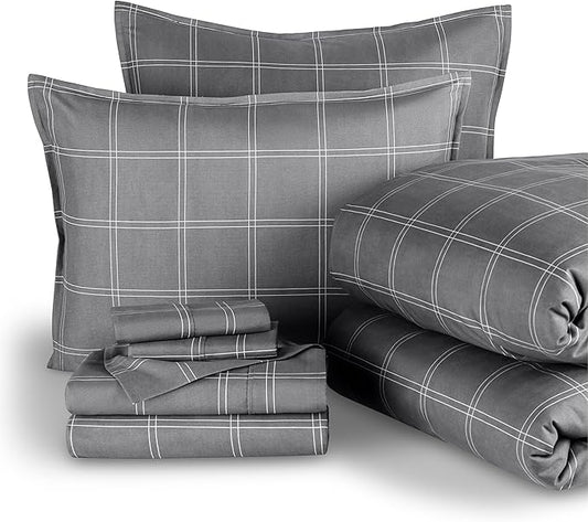 Bare Home Bed-in-A-Bag 7 Piece Comforter & Sheet Set - Full - Track Stitch - Goose Down Alternative - Ultra-Soft 1800 Premium - Bedding Set (Full, Modern Plaid - Grey/White)