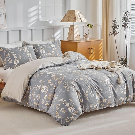 Lekesky Queen Duvet Cover Set, Gold Floral Duvet Cover Queen Size, 3 Pieces Grey Bedding Sets with Zipper, Ultra Soft Microfiber Reversible Queen Size Comforter Cover with 2 Pillowcases 20"x26"