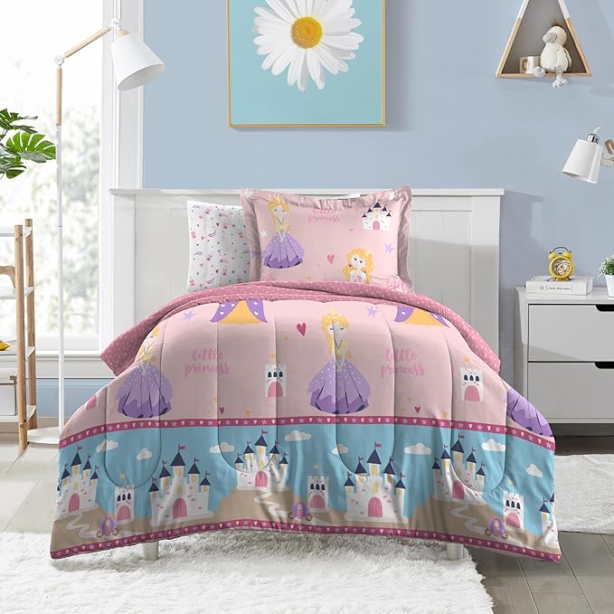 Dream Factory Kids 7-Piece Complete Bed Set Easy-Wash Super Soft Microfiber Comforter Bedding, Full, Pink Little Princess