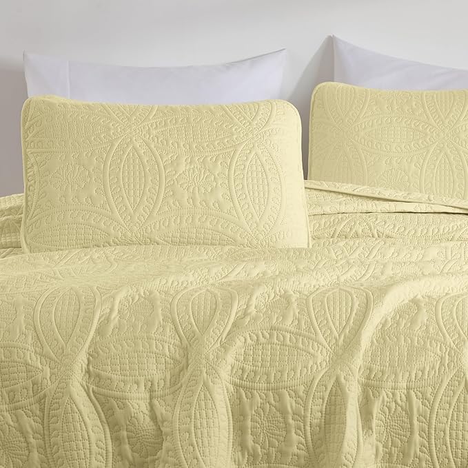 Chezmoi Collection Austin King Oversized Bedspread Set, 3-Piece Pinsonic Quilted Lightweight Microfiber Bedspread Coverlet, Pastel Yellow