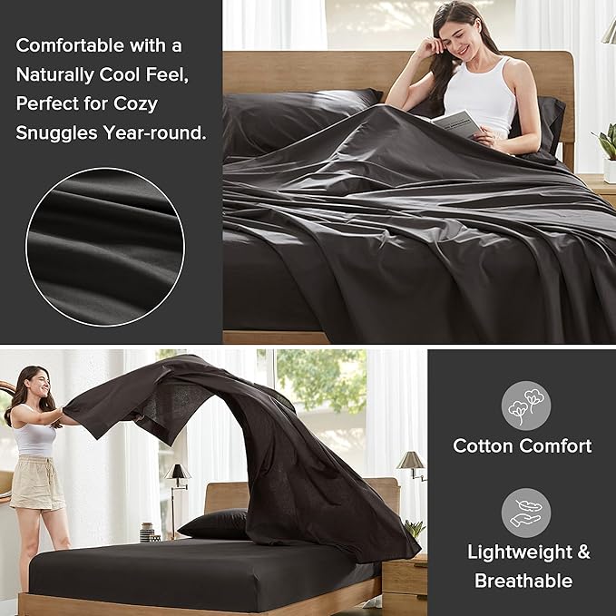 Comfort Spaces 100% Cotton Sheets Twin, Breathable & Ultra Soft Cotton Sheets, Naturally Cool Cotton Bed Sheets with 12" Elastic Pocket Fits up to 14" Mattress, All Season Sheet Set, Black, 3 Piece