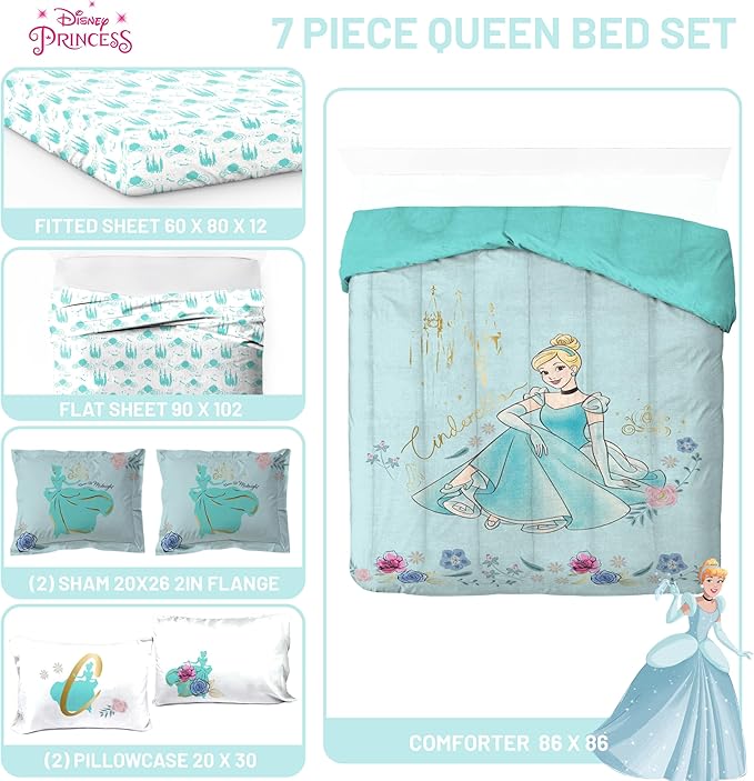 Jay Franco Kids Comforter Set Includes Sheets and Pillow Covers - Soft and Cozy Bed Set for Stylish Room Decor, Official Licensed Bedding, Blue - Cinderella, 7 Piece Queen