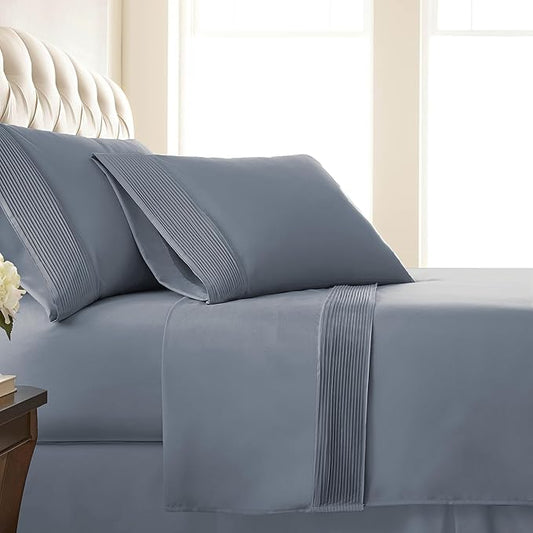 Southshore Fine Living, Inc. Split King Sheet Set, 5-Piece, 21" Deep Pocket Pleated Bed Sheets | Flat Sheet, 2 Split King Fitted Sheets, 2 Pillowcases | Easy Care Microfiber Bedsheets | Slate Blue