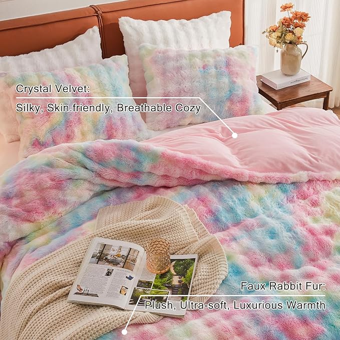 EMME Faux Fur Duvet Cover Queen Size, 3 Pieces Ultra Soft Fluffy Comforter Cover, Cozy Warm for Winter, Luxury Elegant Shaggy Bubble Design Bedding, 1 Duvet Cover & 2 Pillow Shams (Queen, Rainbow)