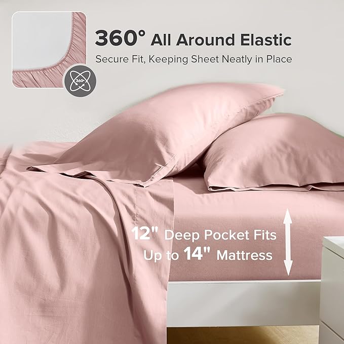 Comfort Spaces 100% Cotton Sheets Twin XL, Breathable & Ultra Soft Cotton Sheets, Naturally Cool Cotton Bed Sheets with 12" Elastic Pocket Fits up to 14" Mattress, All Seasons Sheet Set, Pink 3 Piece