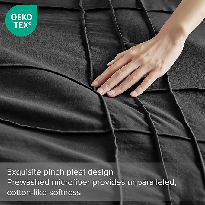 Comfort Spaces Black Twin Size Duvet Cover Set - 2 Pieces Pintuck Pleated Duvet Cover All Season Lightweight, Extra Softness Pre-Washed Microfiber Twin Bedding Cover Shams, Twin/Twin XL