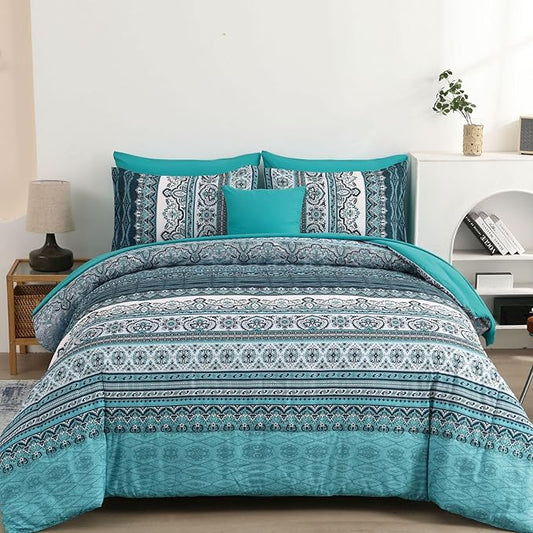 Cottolester Boho King Size Comforter Set 8 Pieces, Teal Comforter Bohemian Striped Bed in A Bag, Soft Microfiber Bedding Set for All Seasons