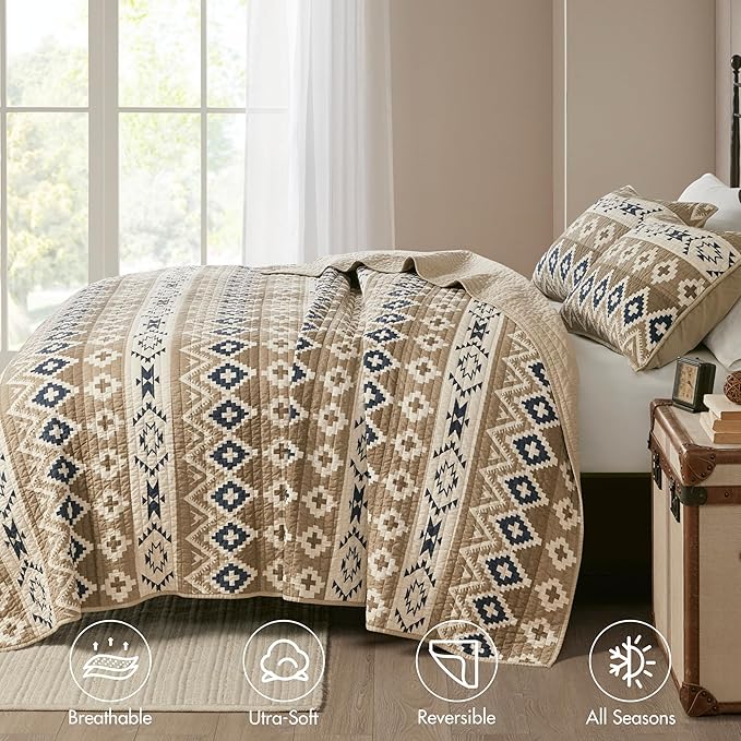 Woolrich Reversible Quilt Cabin Lifestyle Design - All Season, Breathable Coverlet Bedspread Bedding Set, Matching Shams, Oversized King/Cal King, Montana Tribal Tan 3 Piece