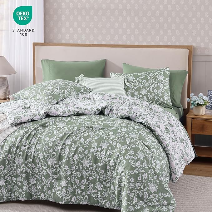 King Comforter Set -7 Pieces Floral Grey Green Comforter Set for All Seasons, Bed in a Bag King with Botanical Flowers Comforter, Sheets, Pillowcases & Shams