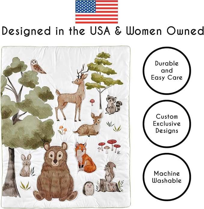 Sweet Jojo Designs 4-Piece Baby Crib Bedding Set (Woodland Animals) for Boys or Girls, Infants/Nursery incl. Blanket, Fitted Sheet, Skirt, Diaper Stacker (Neutral Theme, Forest Animal, Bear, Hedgehog)
