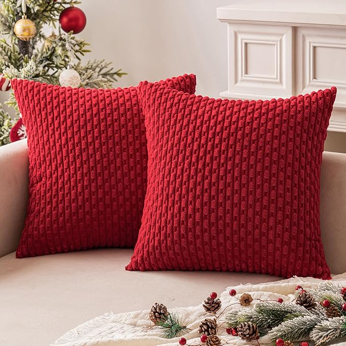 MIULEE Red Throw Pillow Covers Soft Corduroy Decorative Set of 2 Boho Striped Pillow Covers Pillowcases Farmhouse Home Decor for Couch Bed Sofa Living Room 20x20 Inch