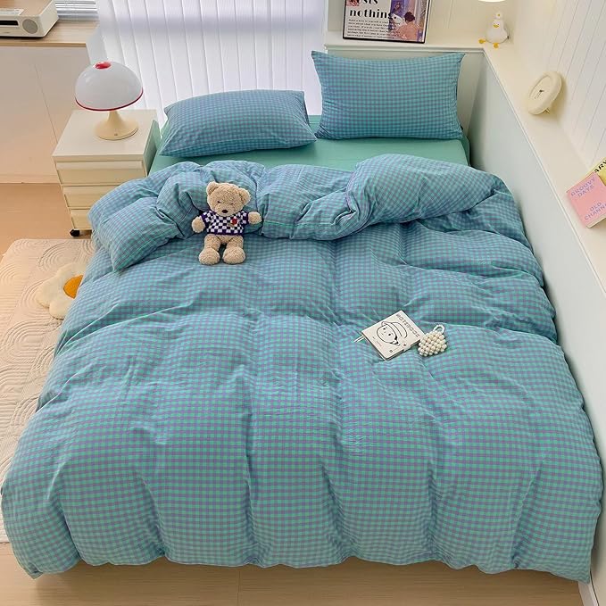 LifeTB Green Gingham Comforter Set King Modern Style Checkered Pattern Comforter Set Fluffy 3 Pieces Green Purple Grid Bed Comforter with 2 Pillowcases Lightweight Gingham Plaid Bedding Set King