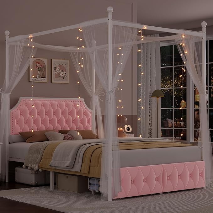 Keyluv Queen Upholstered Canopy Bed Frame with 2 Drawers and Button Tufted Headboard, Metal Platform Bed with 4 Removable Posts Two-Purpose Velvet Bed No Box Spring Needed, Pink/Curtains Not Included