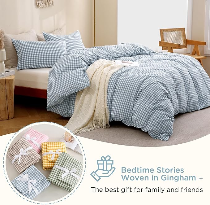 TOCOMOA Blue Gingham Duvet Cover Bedding Set 100% Washed Cotton Like Linen Feel Super Soft Comfortable 3 Piece Vintage Plaid Checkered Comforter Cover Set (Full 80"x90", Comforter Not Included)