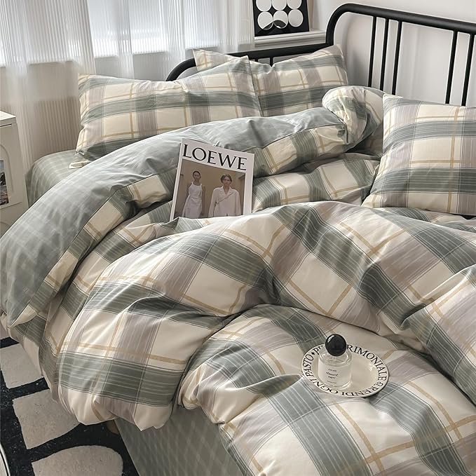 mixinni Green Grid Duvet Cover Set Queen - Vintage Buffalo Plaid Bedding Set-Green &Yellow&Beige, Soft Cotton Geometric Checkered Bedding Set with 2 Pillowcases for Boys, Girls, Teens