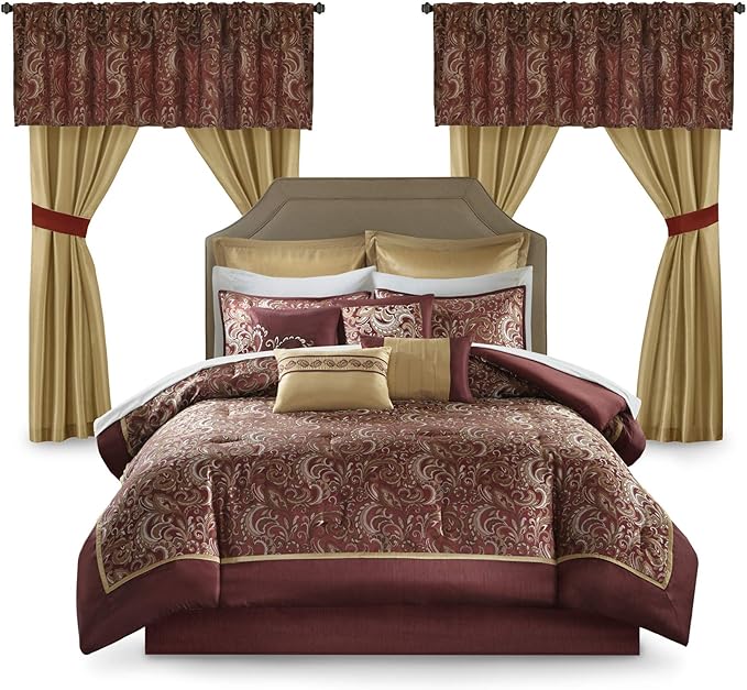 Madison Park Essentials Brystol 24 Piece Room in a Bag Faux Silk Comforter Jacquard Paisley Design Matching Curtains Down Alternative Hypoallergenic All Season Bedding-Set, Queen (90 in x 90 in), Red