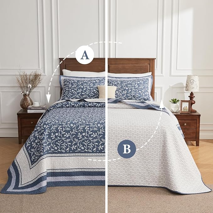 Oversized California King Bedspread - 100% Cotton Lightweight Quilted Coverlet - Soft Reversible Bedding, Botanical Floral Design - Includes 1 Bedspread (128x120)+2 Pillowshams Grayish-blue