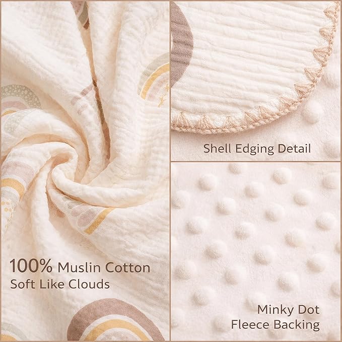 Baby Blanket with Dotted Double Layers Muslin Soft Swaddle Blanket Cotton Neutral Receiving Blankets for Toddler Baby Quilt Throw Blanket Bed Throw Blanket for Newborn Unisex 40x40 Inch-Rainbow