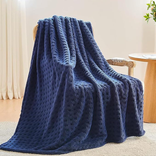 NEWCOSPLAY Super Soft Twin Blanket Navy Premium Silky Flannel Fleece 3D Waffle Checkered Lightweight Bed Blanket All Season Use (Dark Navy, Twin(60"x80"))