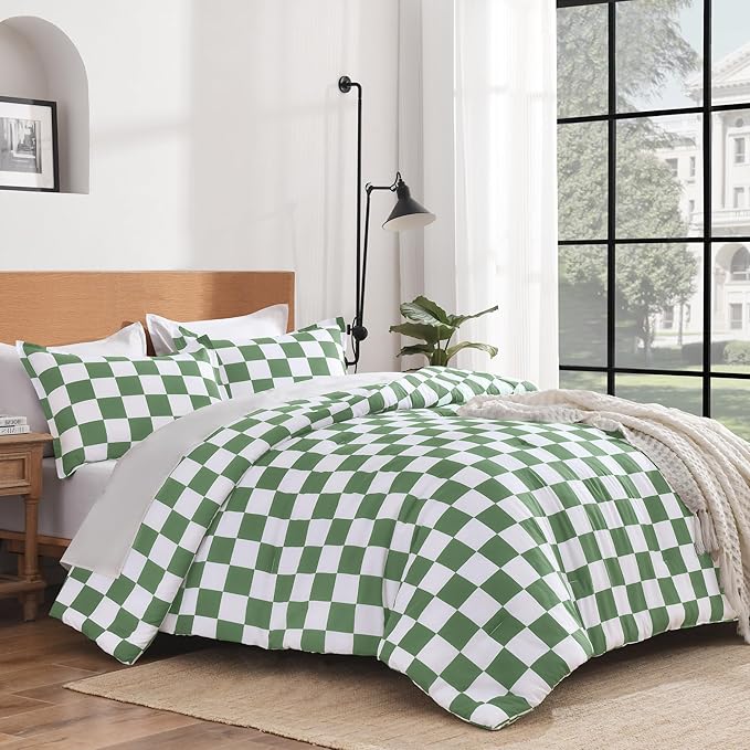 Andency Green Checkered Comforter Twin(66x90Inch), Plaid Gingham Buffalo Grid Bedding Comforter Sets for Boys Kids Teens, 2 Pieces Lightweight Microfiber Geometric Preppy Bed Set