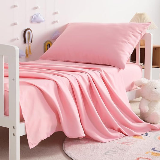 NTBAY Toddler Sheet Set - 3-Piece Microfiber Crib Sheet Set - Flat Sheet, Fitted Sheet, Pillowcase - Solid Toddler Bedding, Pink