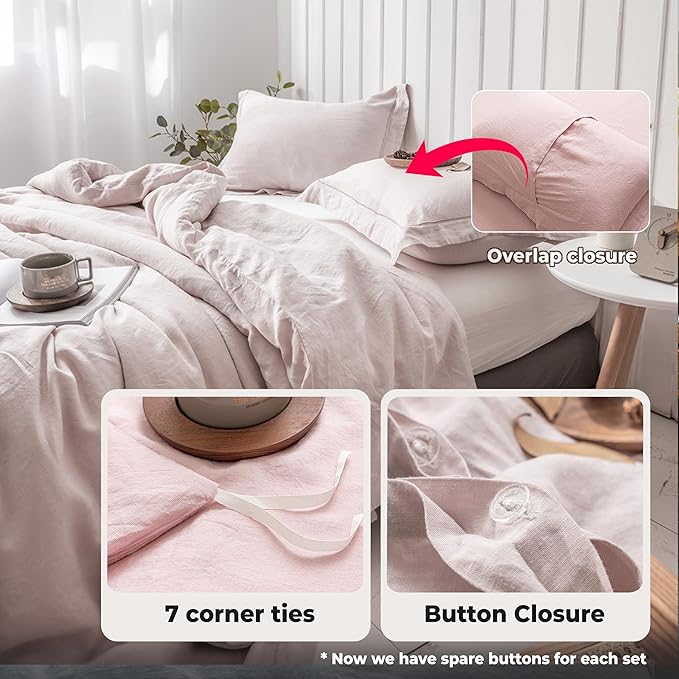 Simple&Opulence 100% Washed Linen Duvet Cover with Embroidered, 2 Pieces Soft Farmhouse Comforter Set with Button Closure,1 Duvet Cover and 1 Pillowsham(Twin,Dusty Pink)