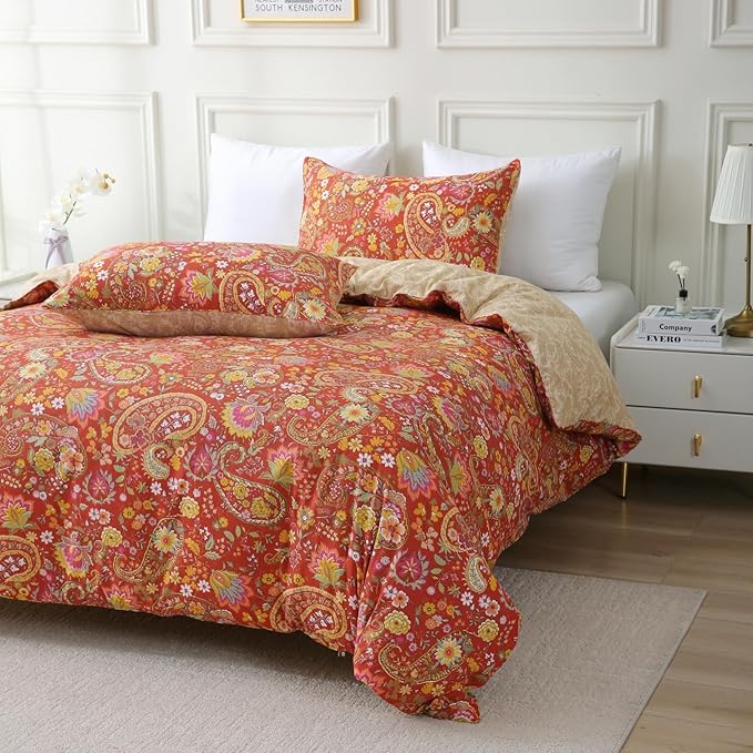 ABREEZE Paisley Bedding Sets 3Pcs Brushed Cotton Duvet Cover Set Cal.King Size Rustic Damask Red Floral Comforter Cover with Zipper Closure Boho Bedding Collections