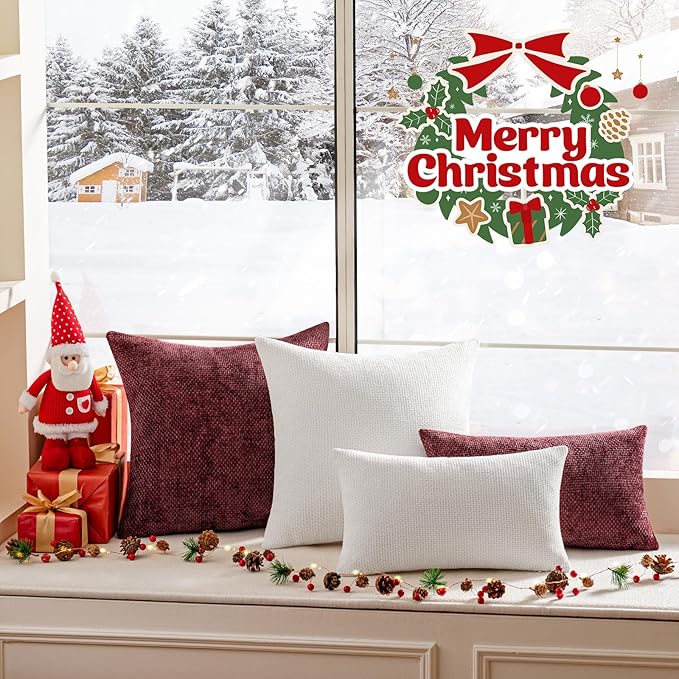 a moment Christmas White Chenille Throw Pillow Covers 18x18 Inch Pack of 2 Modern Decorative Throw Pillow Covers Farmhouse Cross Covers Home Decor for Sofa Bedroom Living Room