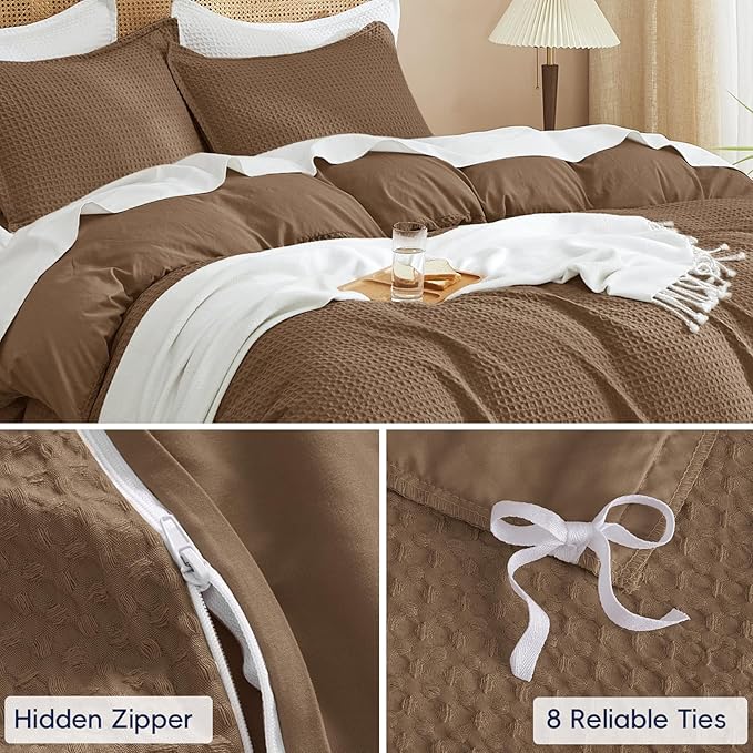 PHF Waffle Duvet Cover Set California King, No Snagging Soft Luxury Textured Breathable Comforter Cover for All Season 3pcs, Durable Bedding Duvet Set with 2 Pillow Shams, 104"x98", Mocha/Cocoa Brown