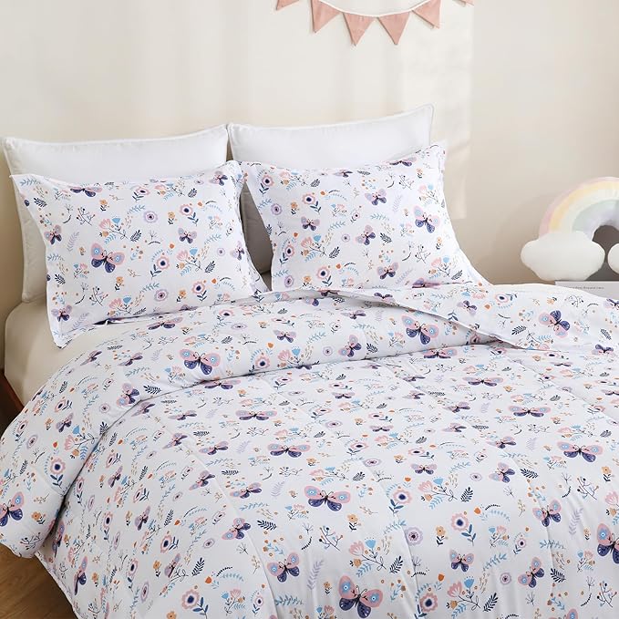 Yibeizi Floral Comforter Set for Girls Twin, Kids Butterfly Printed Bedding Set with Pillow Sham, Cute Lightweight Soft Breathable Machine Washable Quilted Bed Comforter Set 2 Piece