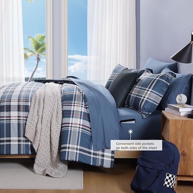Plaid Queen Size Comforter Set Medium Blue, Bedding Set 7 Pieces for Boys Girls Teen, Lightweight All Season Bed in a Bag with Sheets, Pillowcases & Shams