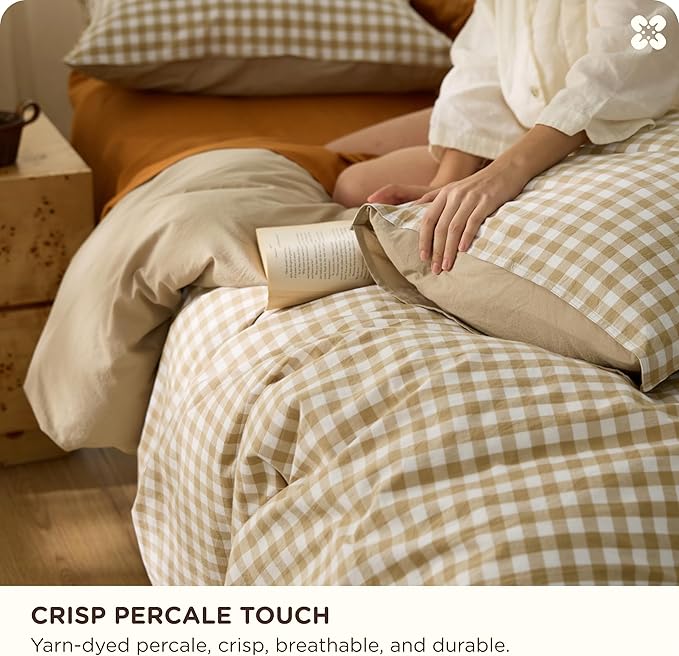 Bedsure Gingham Duvet Cover Queen Size,100% Washed Cotton Duvet Cover Linen Like Textured, Classic Yarn-Dyed Checkered Pattern Enhances Bedroom Comfort and Style, Gingham Khaki, 90"x90"