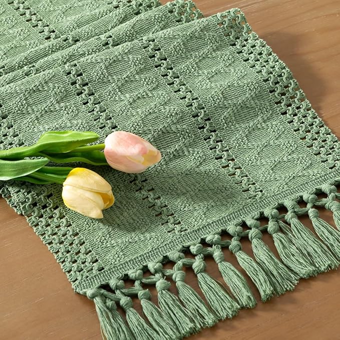 Socomi Sage Green Boho Table Runner Macrame Long Valentine's Day Farmhouse Woven Cotton Linen Rustic Coffee Table Runner with Tassels for Dresser Scarf Home Decor Dining Room 12x108 inch