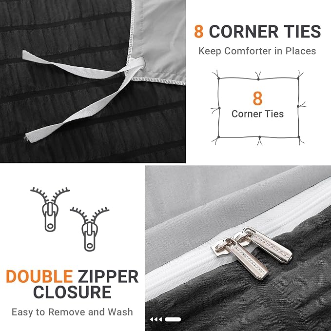 HYMOKEGE Black/Light Grey Duvet Cover King Size, Ultra Soft 3-Piece Seersucker Duvet Cover Set with Zipper Closure, Soft Brushed Microfiber Bedding Set with 8 Corner Ties (104"x90", 2 Pillowshams)