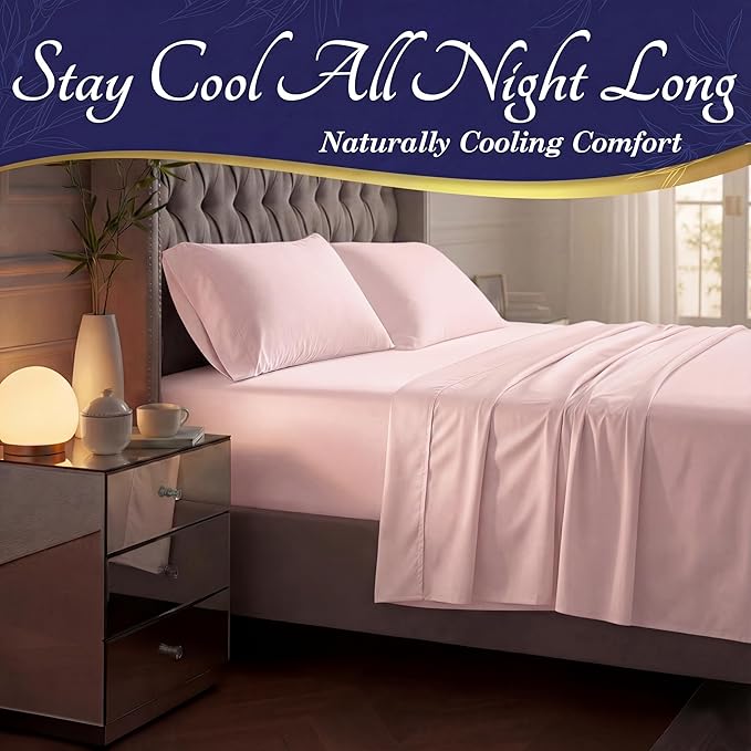 DECOLURE 100% Viscose Derived from Bamboo Sheets Queen Size - Luxury 4 Pc Naturally Cooling Sheets, Ultra Soft Bed Set - Deep 17" Pockets, Durable Double Stitching, Oeko Tex Standard (Light Pink)