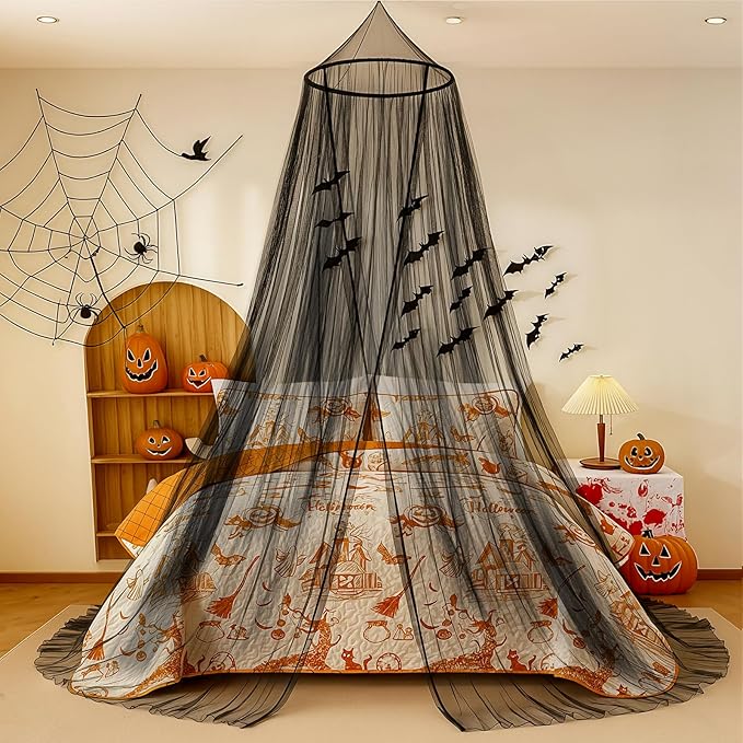 Bed Canopy with Lights, Bed Canopy for Girls Princess with Luminous Stars, Canopy Bed Curtains for Twin to King Size Bed, Baby Kids Adult Indoor Decor Bedroom Reading Nook Halloween Decoration (Black)