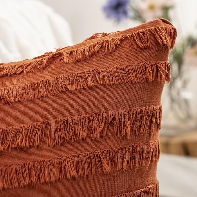 MIULEE Set of 2 Fall Decorative Boho Throw Pillow Covers Linen Striped Jacquard Pattern Cushion Covers for Sofa Couch Living Room Bedroom 18x18 Inch Rust