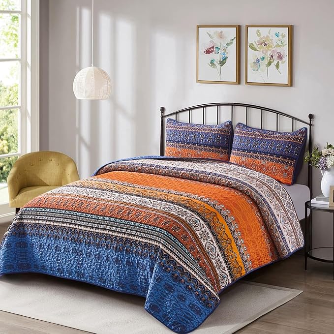 WONGS BEDDING Boho Quilt Set California King, Blue and Orange Bohemian Queen Summer Quilt Bedding Set, Lightweight Microfiber Bed Decor Bedspread for All Season 106"x96"(3 Pieces)