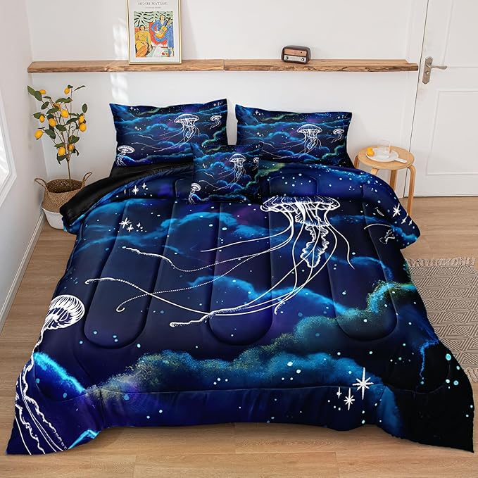 Bedbay Blue Galaxy Bedding Comforter Set Queen Size,Jellyfish Print Ocean Theme Bedding Set,Soft Microfiber Starry Sky Stars Boys Girls Bedroom Quilted Comforter 4 Pieces for All Seasons