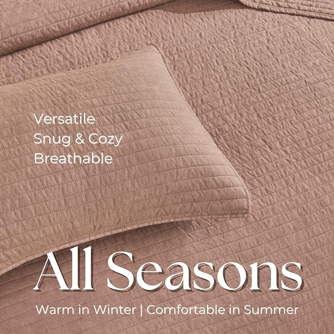 DOWN HOME King Quilt Bedding Set with Shams, Vintage Washed Soft Quilted Blanket Thin Comforter Lightweight Bedspread Coverlet Bed Cover, Brushed Microfiber Stripe Stitching, Desert Blush, 104"x90"