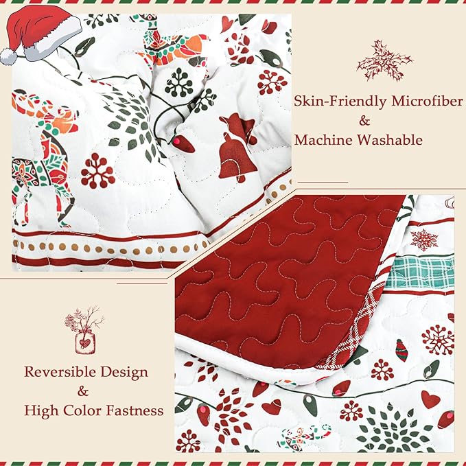 Exclusivo Mezcla Reversible Christmas Quilts Queen Size, Red Bedspread Lightweight Coverlet Winter Quilt Bedding Set with Printed Striped Flowers Reindeer Pattern (1 Quilt, 2 Pillow Shams)