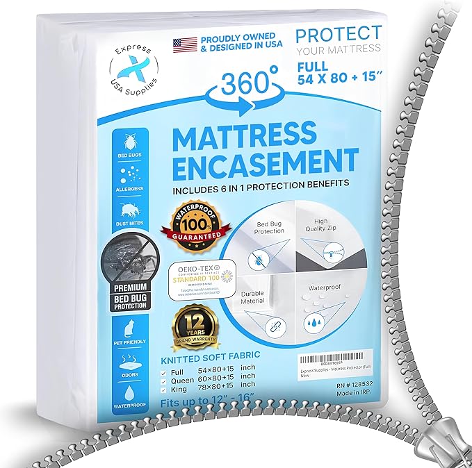 Mattress Encasement Full (12-16) Inches Deep | Heavy Duty Hotel Grade 100% Waterproof, Breathable, Noiseless, Hypoallergenic 6-Sided 360° Premium Zippered Six-Sided Cover (Machine Washable)