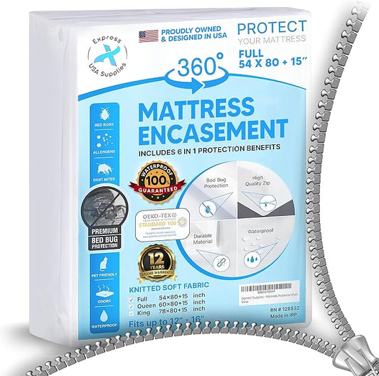 Mattress Encasement Full (12-16) Inches Deep | Heavy Duty Hotel Grade 100% Waterproof, Breathable, Noiseless, Hypoallergenic 6-Sided 360° Premium Zippered Six-Sided Cover (Machine Washable)